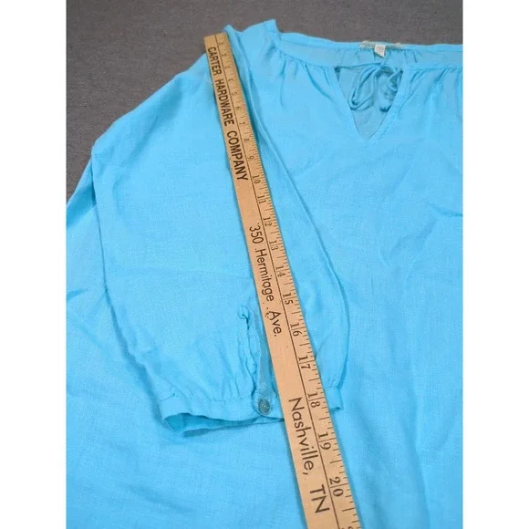 Eileen Fisher Irish Linen Tunic Blue Split Top Neck Tie 3/4 Sleeve Womens PM - Picture 12 of 15
